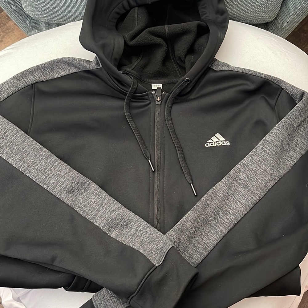 Men's Adidas Zip Down Hoodie - Black & Grey Size Large